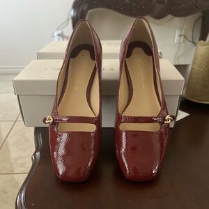 Alex Marie Burgundy Patent Mary Jane Flats with Gold Accent